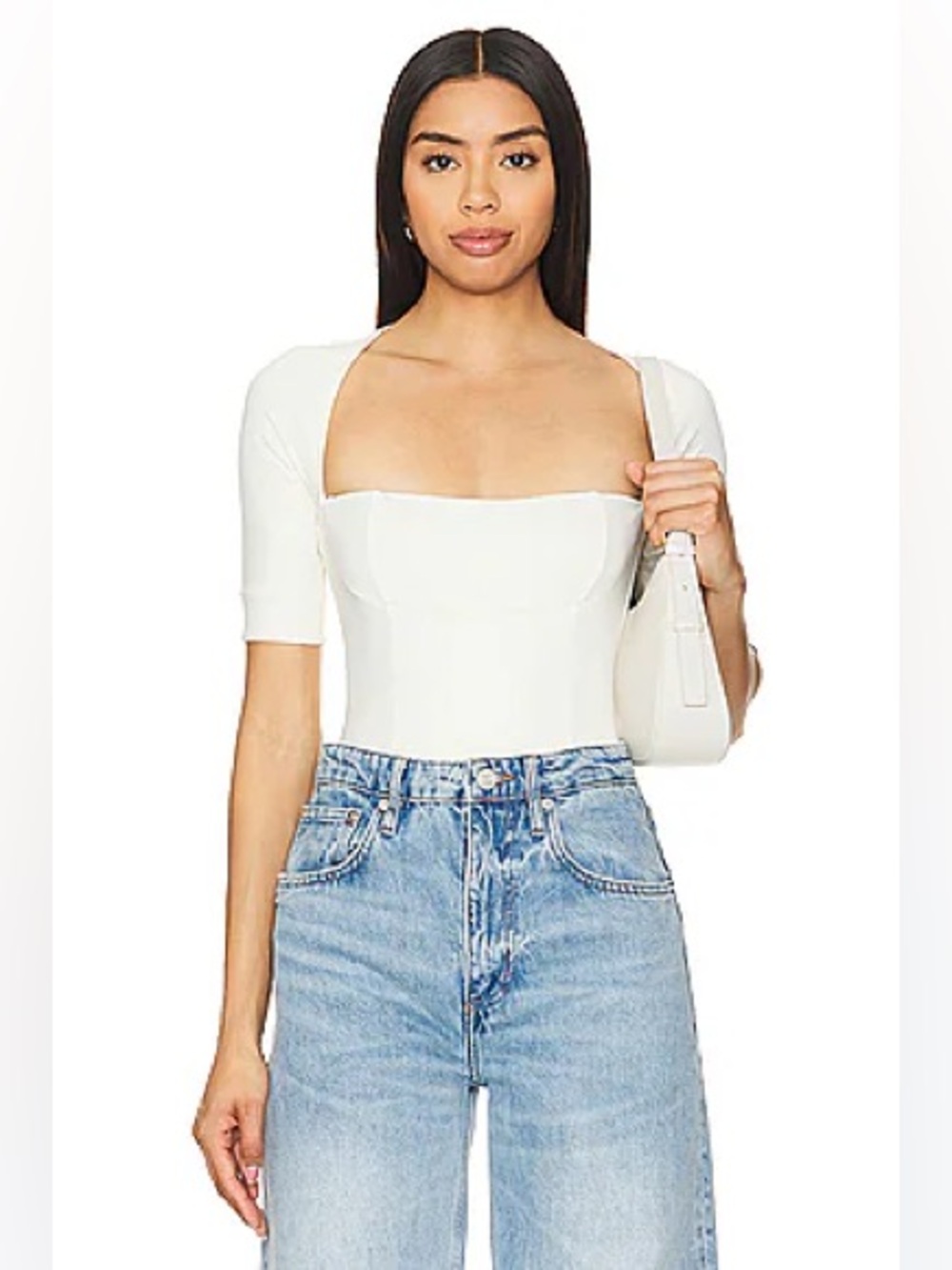 Free People Everly White Square Neck Cutout Bodysuit